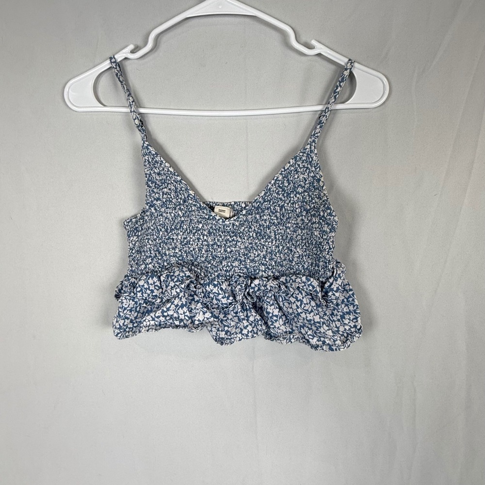 Billabong Smocked Ruffle‎ Crop Top Blue Floral Print Women's Medium